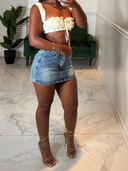 Washed Denim Mini Skirt w/ Fringed Design